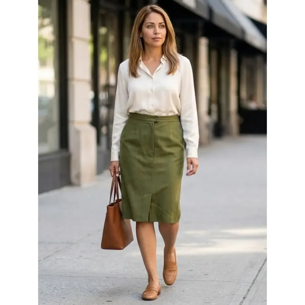 MaxMara Wool Blend Made in Italy Green Pencil Knee Length Skirt Women Size 8
